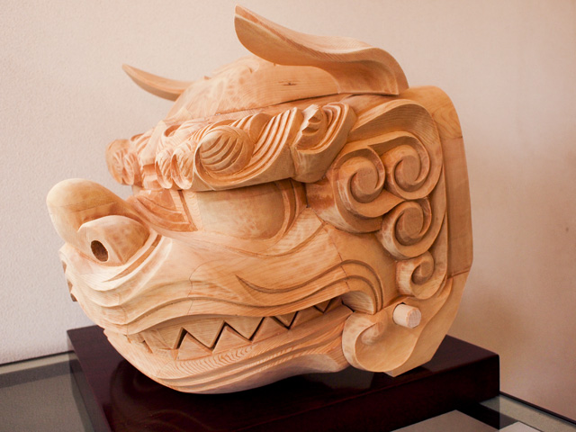 素材木製桐木彫 獅子頭 - 置物